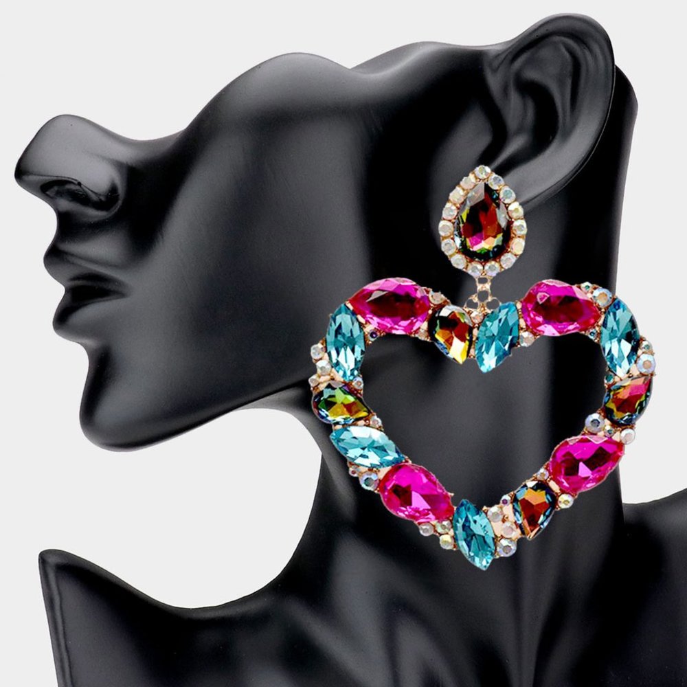 Marquise Teardrop Stone Cluster Open Heart Dangle Evening Earrings - Picture 5 of 5